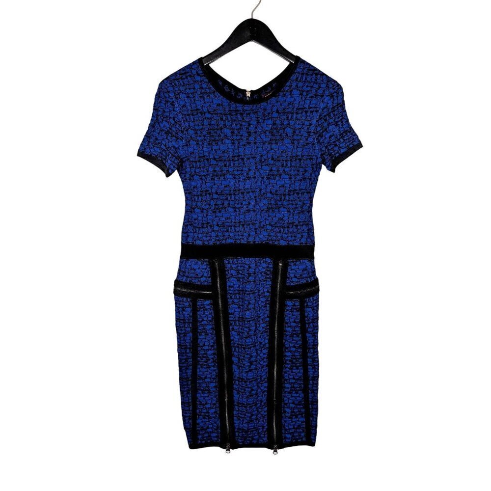 Marchesa Voyage Size Small Knit Sheath Bodycon Dress Blue & Black Zipper Details